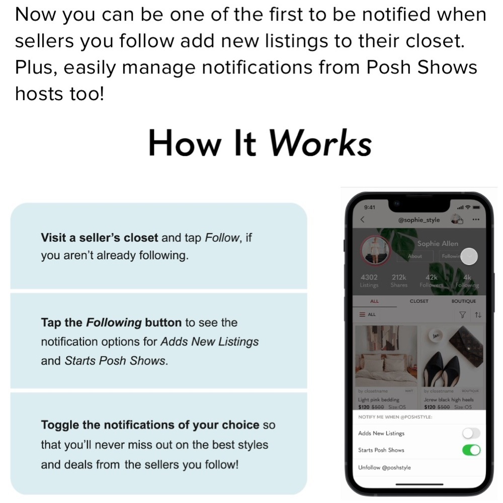 Make sure you turn on notifications in my closet to be notified of new listings!